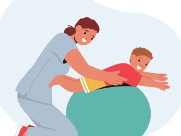 Drawing of a woman holding a young child over a teal yoga ball both are smiling 