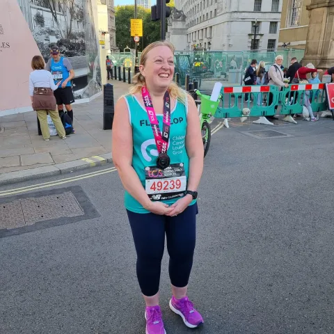 Philippa Terry after a race fundraising for childhood cancer research.