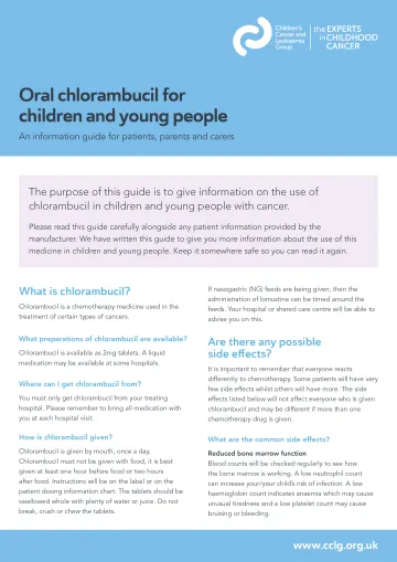 Front cover for factsheet - Oral chlorambucil for children and young people