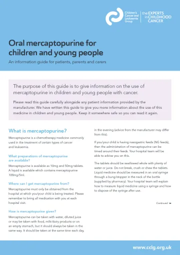 Front cover for factsheet - Oral mercaptopurine for children and young people