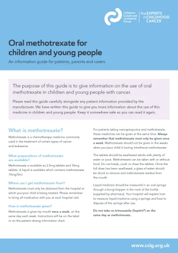 Front cover for factsheet - Oral methotrexate for children and young people