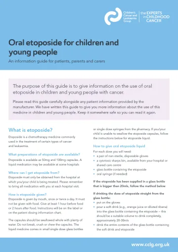 Front cover for factsheet - Oral etoposide for children and young people