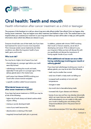 Front cover for late effects factsheet - Oral health