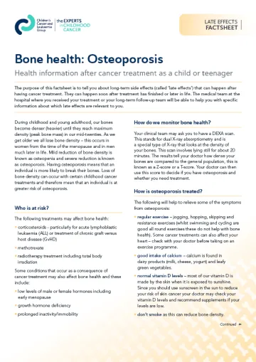 Front cover for late effects factsheet - Bone health: osteoporosis