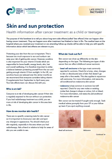 Front cover for late effects factsheet - skin and sun protection