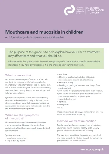 Front cover for factsheet - Mouthcare and mucositis