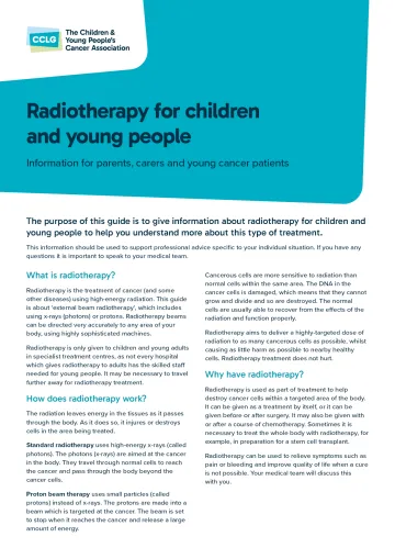 Front cover of leaflet 'Radiotherapy for children and young people'
