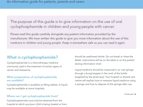 Front cover for factsheet - Oral cyclophosphamide for children and young people