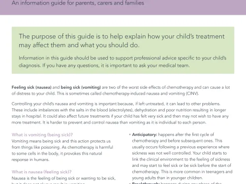 Front cover for factsheet - Sickness caused by chemotherapy
