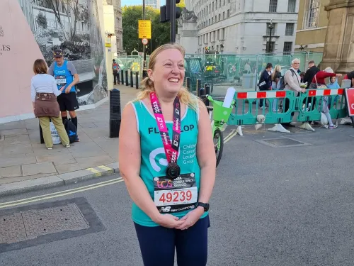Philippa Terry after a race fundraising for childhood cancer research.